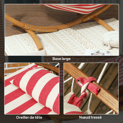Single Hammock on Stand, Hammock with Wooden Support, Head Pillow, Cotton Bed, for Outdoor Terrace Pool, Red and White Stripes