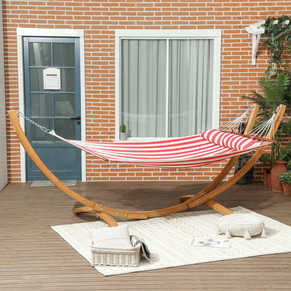 Single Hammock on Stand, Hammock with Wooden Support, Head Pillow, Cotton Bed, for Outdoor Terrace Pool, Red and White Stripes