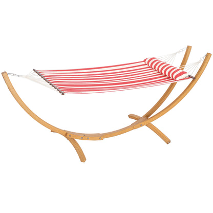 Single Hammock on Stand, Hammock with Wooden Support, Head Pillow, Cotton Bed, for Outdoor Terrace Pool, Red and White Stripes