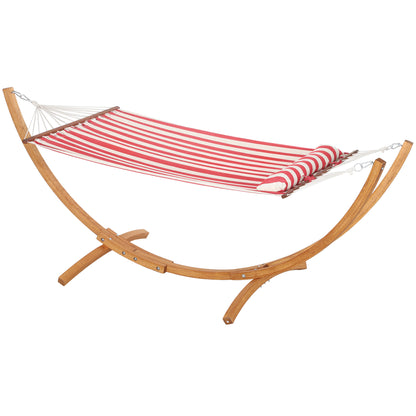 Single Hammock on Stand, Hammock with Wooden Support, Head Pillow, Cotton Bed, for Outdoor Terrace Pool, Red and White Stripes