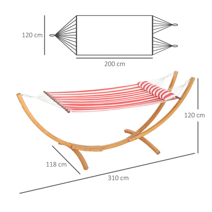 Single Hammock on Stand, Hammock with Wooden Support, Head Pillow, Cotton Bed, for Outdoor Terrace Pool, Red and White Stripes
