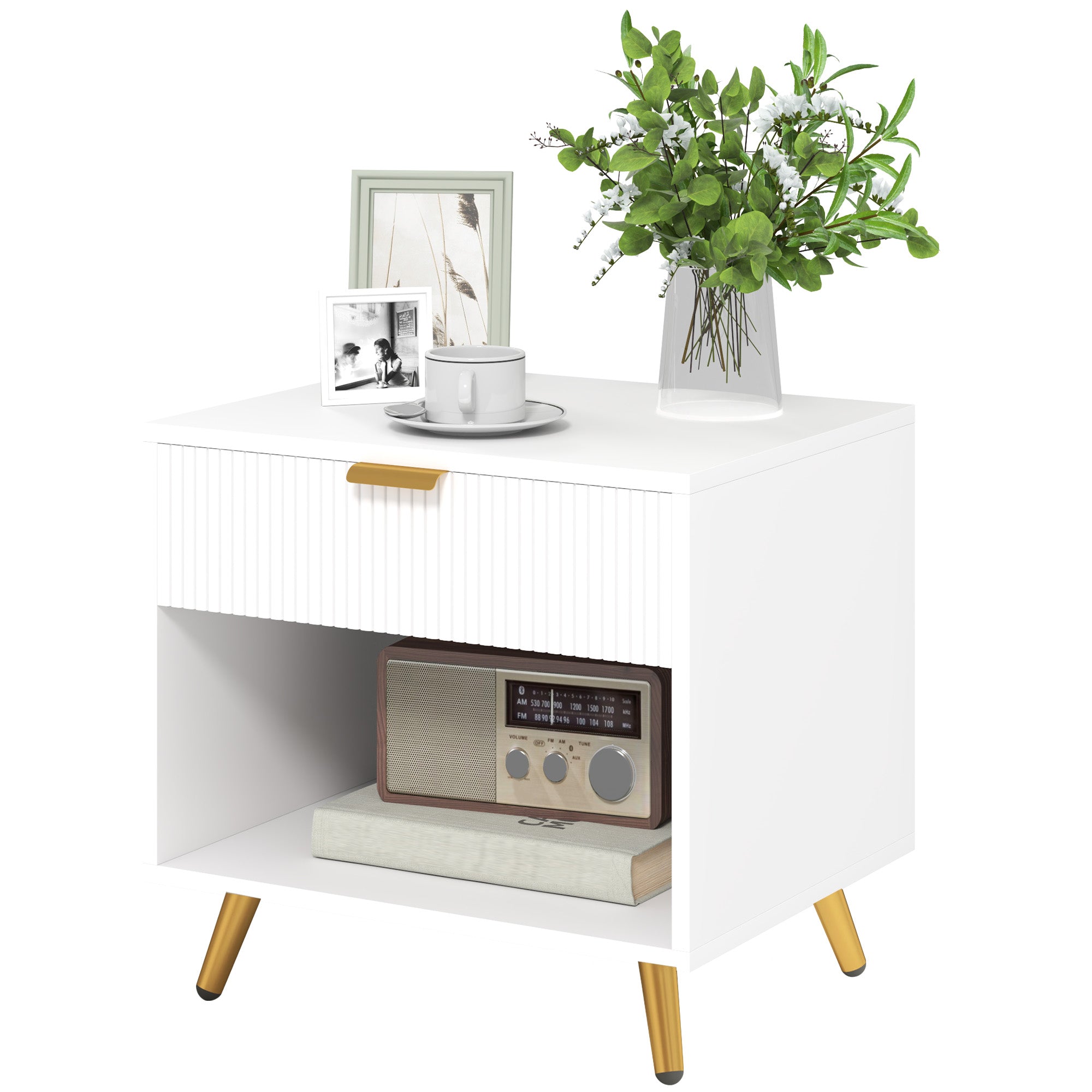Modern Nightstand Bedside Table with Grooved Panel Drawer and Open Compartment for Bedroom Living Room 50x40x47 cm White