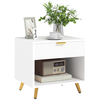 Modern Nightstand Bedside Table with Grooved Panel Drawer and Open Compartment for Bedroom Living Room 50x40x47 cm White