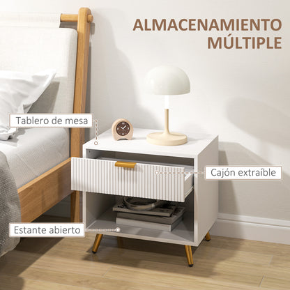 Modern Nightstand Bedside Table with Grooved Panel Drawer and Open Compartment for Bedroom Living Room 50x40x47 cm White