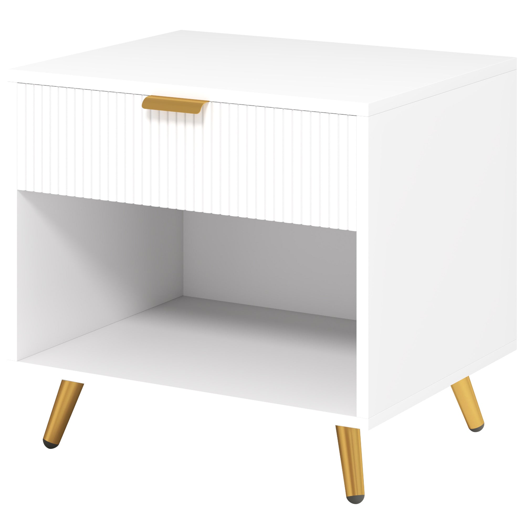 Modern Nightstand Bedside Table with Grooved Panel Drawer and Open Compartment for Bedroom Living Room 50x40x47 cm White