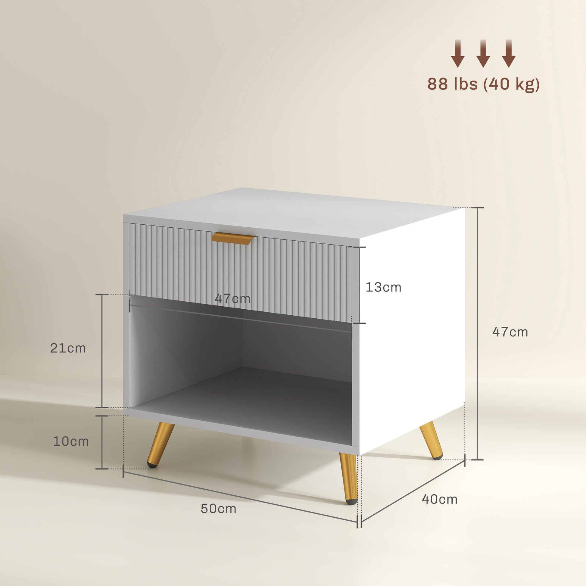 Modern Nightstand Bedside Table with Grooved Panel Drawer and Open Compartment for Bedroom Living Room 50x40x47 cm White