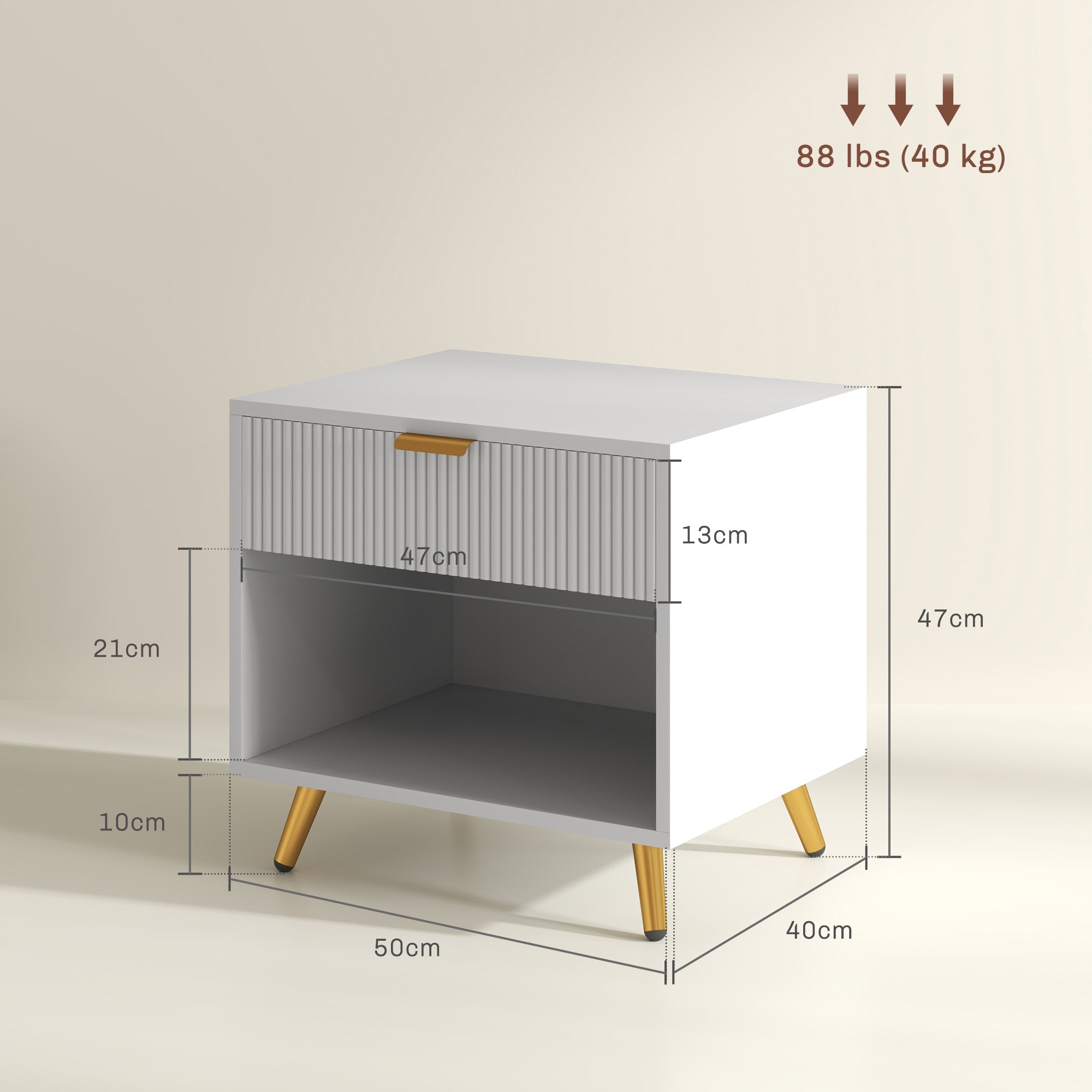 Modern Nightstand Bedside Table with Grooved Panel Drawer and Open Compartment for Bedroom Living Room 50x40x47 cm White