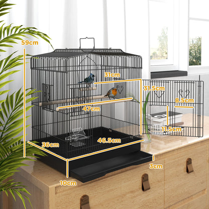 Bird Cage 46.5x36x59 cm Steel Birdcage with 2 Feeders 2 Perches Swing Removable Tray and Transport Handle for Parrot Canary Lovebird Black