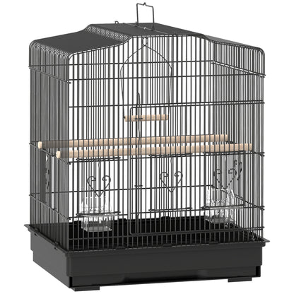 Bird Cage 46.5x36x59 cm Steel Birdcage with 2 Feeders 2 Perches Swing Removable Tray and Transport Handle for Parrot Canary Lovebird Black
