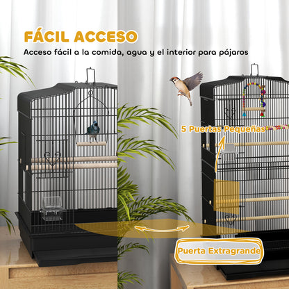 Bird Cage 46.5x36x59 cm Steel Birdcage with 2 Feeders 2 Perches Swing Removable Tray and Transport Handle for Parrot Canary Lovebird Black