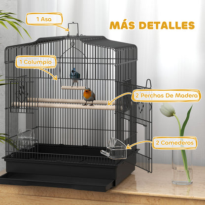 Bird Cage 46.5x36x59 cm Steel Birdcage with 2 Feeders 2 Perches Swing Removable Tray and Transport Handle for Parrot Canary Lovebird Black