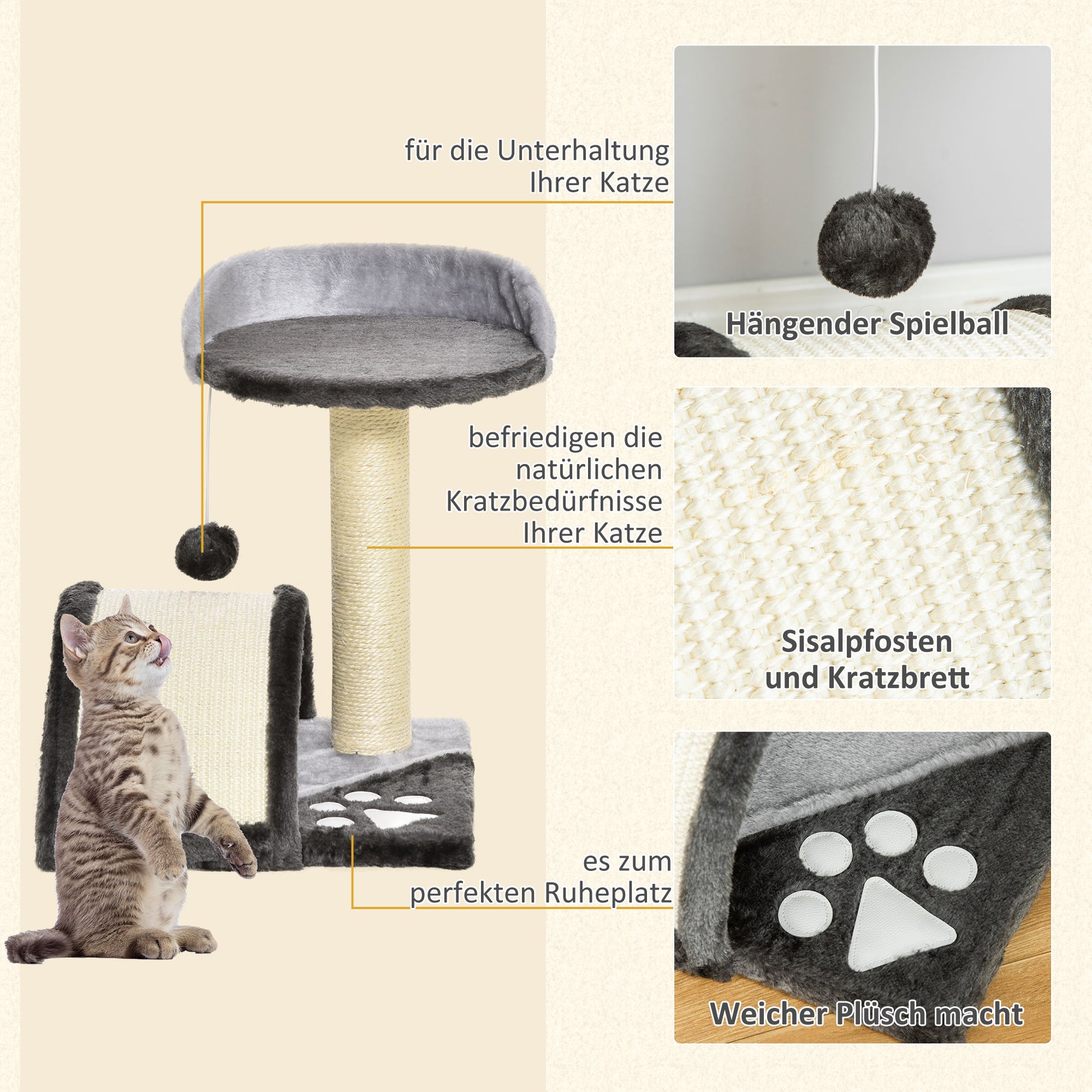 Cat Tree Scratching Post with Play Balls Cat Scratching Tree Sisal Rope Scratching Posts in Gray 35.5 x 37 x 46 cm