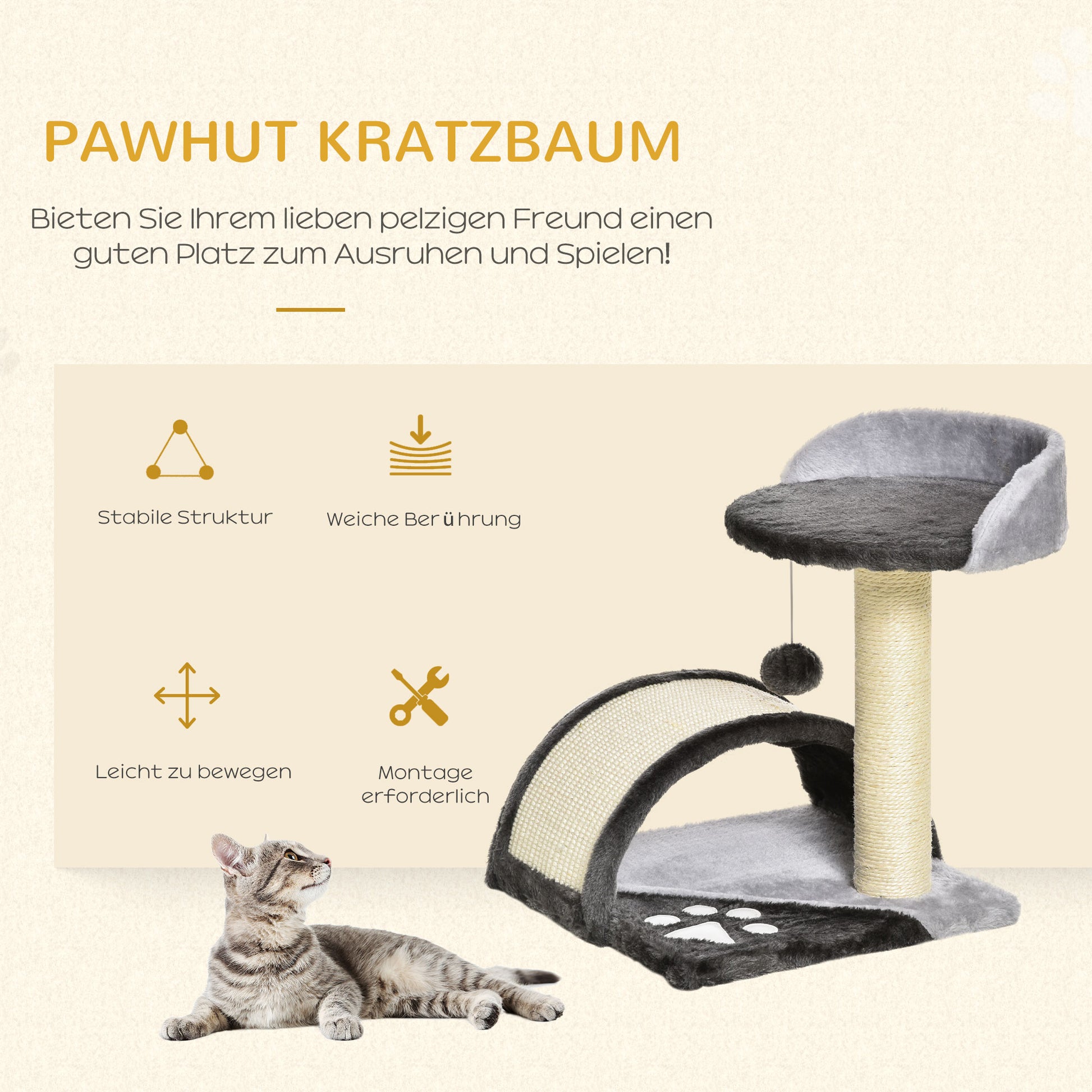 Cat Tree Scratching Post with Play Balls Cat Scratching Tree Sisal Rope Scratching Posts in Gray 35.5 x 37 x 46 cm