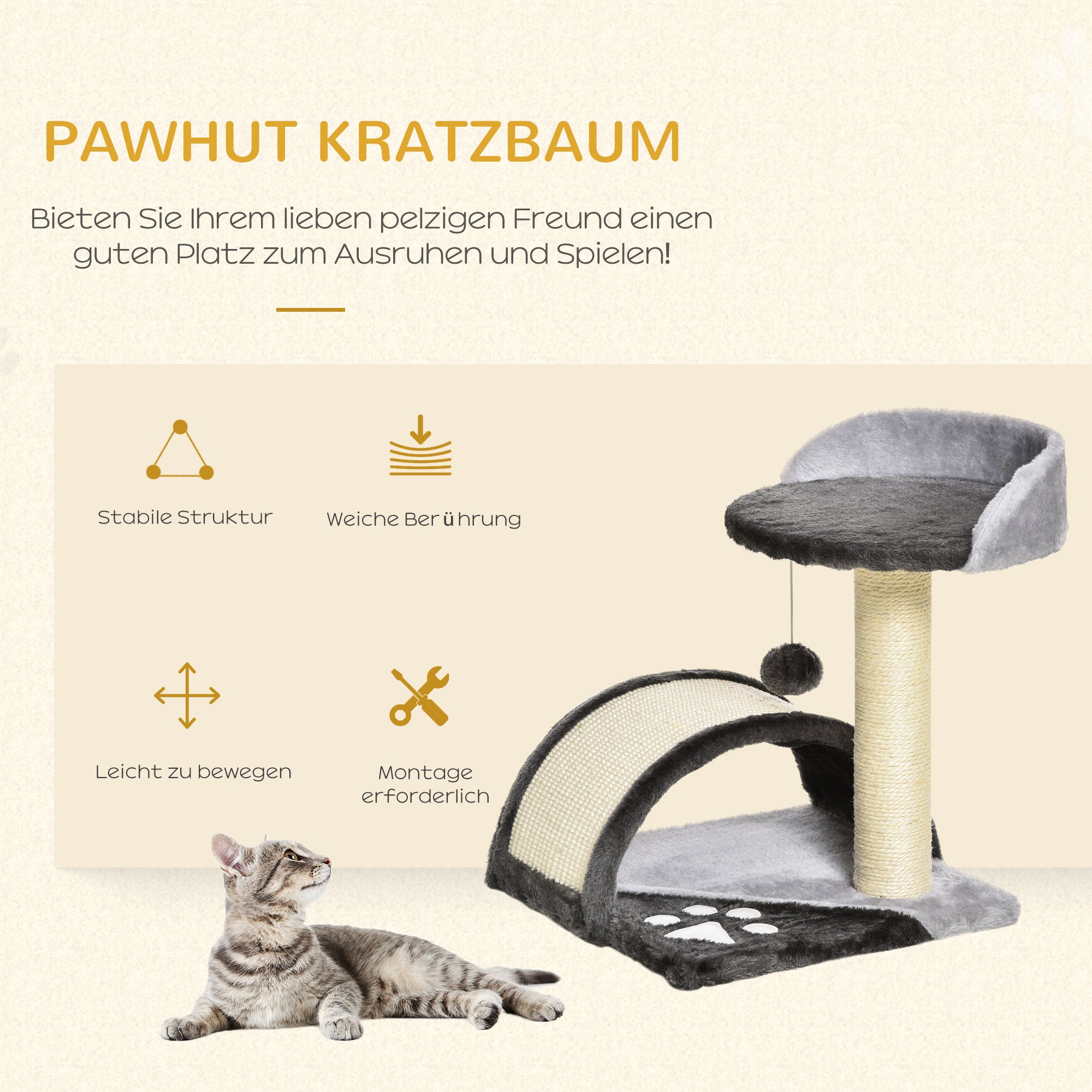 Cat Tree Scratching Post with Play Balls Cat Scratching Tree Sisal Rope Scratching Posts in Gray 35.5 x 37 x 46 cm