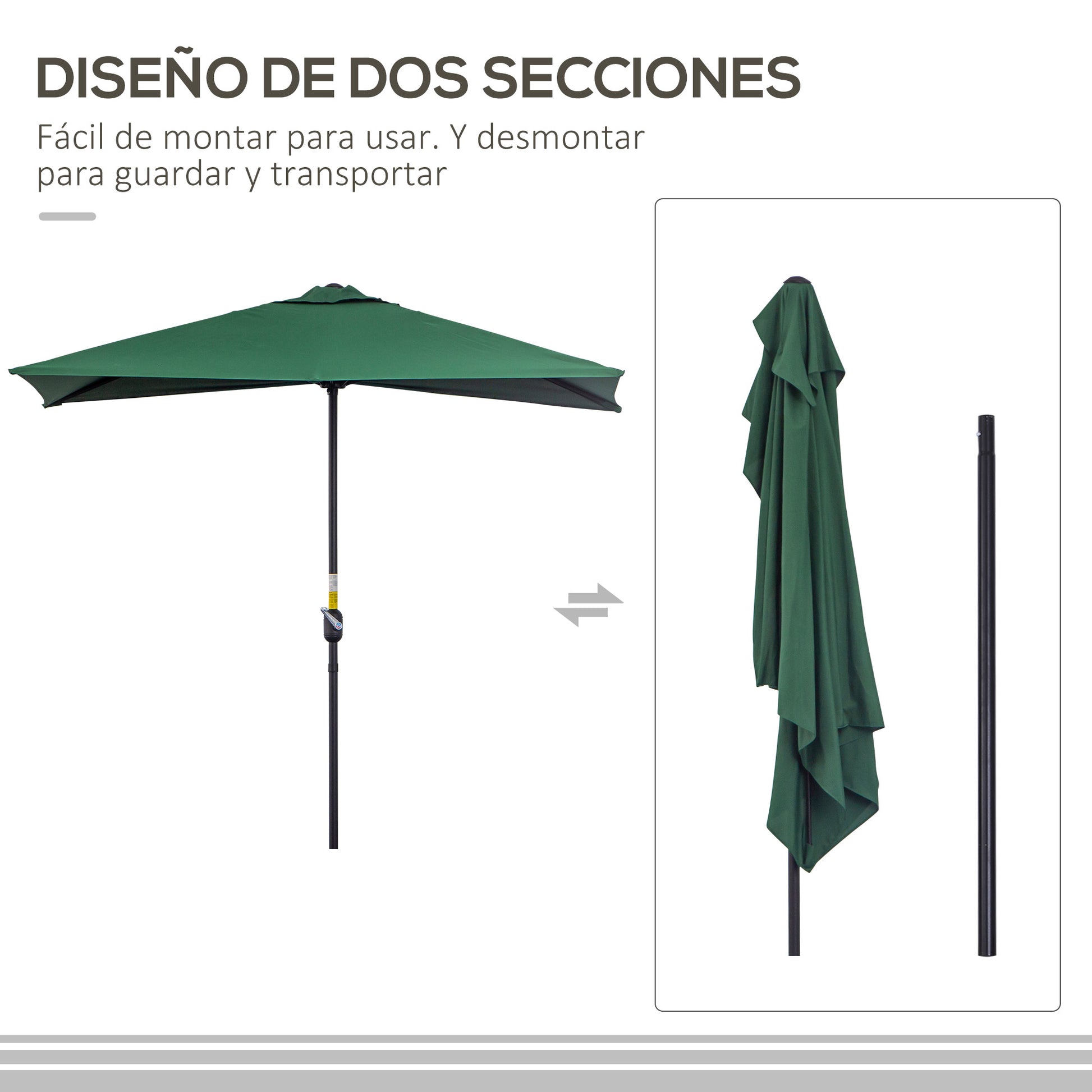 Rectangular Umbrella 230x130x245 cm Wall Parasol Half Umbrella with Crank UV 30+ Protection Waterproof Umbrella for Balcony Terrace Garden Green