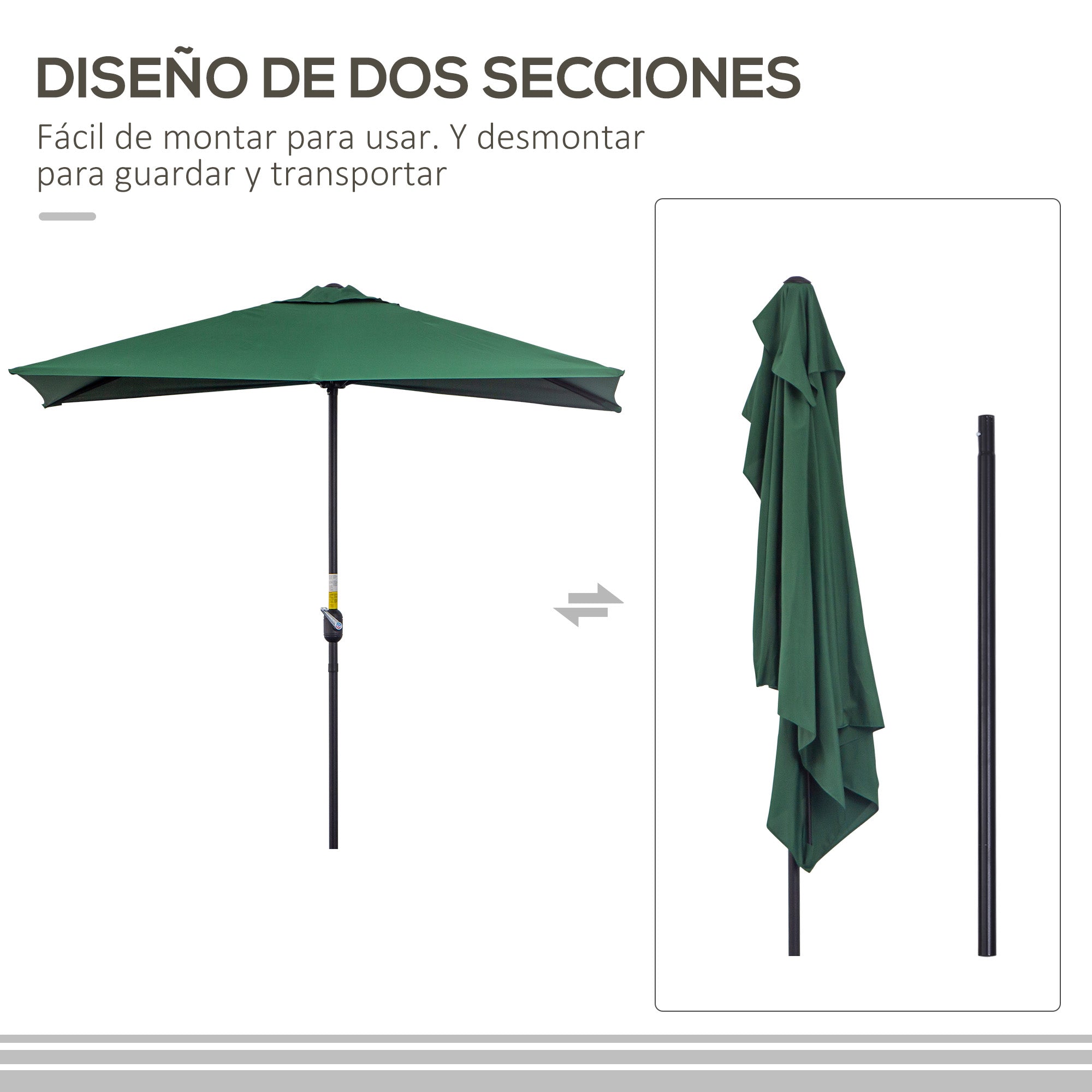 Rectangular Umbrella 230x130x245 cm Wall Parasol Half Umbrella with Crank UV 30+ Protection Waterproof Umbrella for Balcony Terrace Garden Green