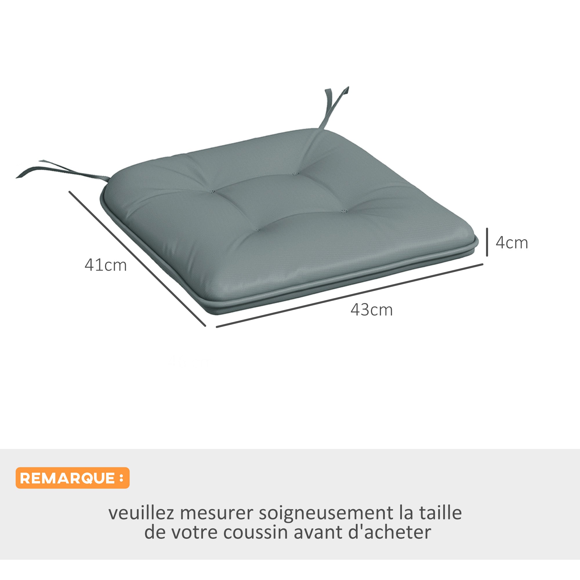 Set of 4 Padded Garden Chair Cushions Outdoor Chair Cushions Seat Padding 4 cm Polyester Fabric 43L x 41W cm Gray