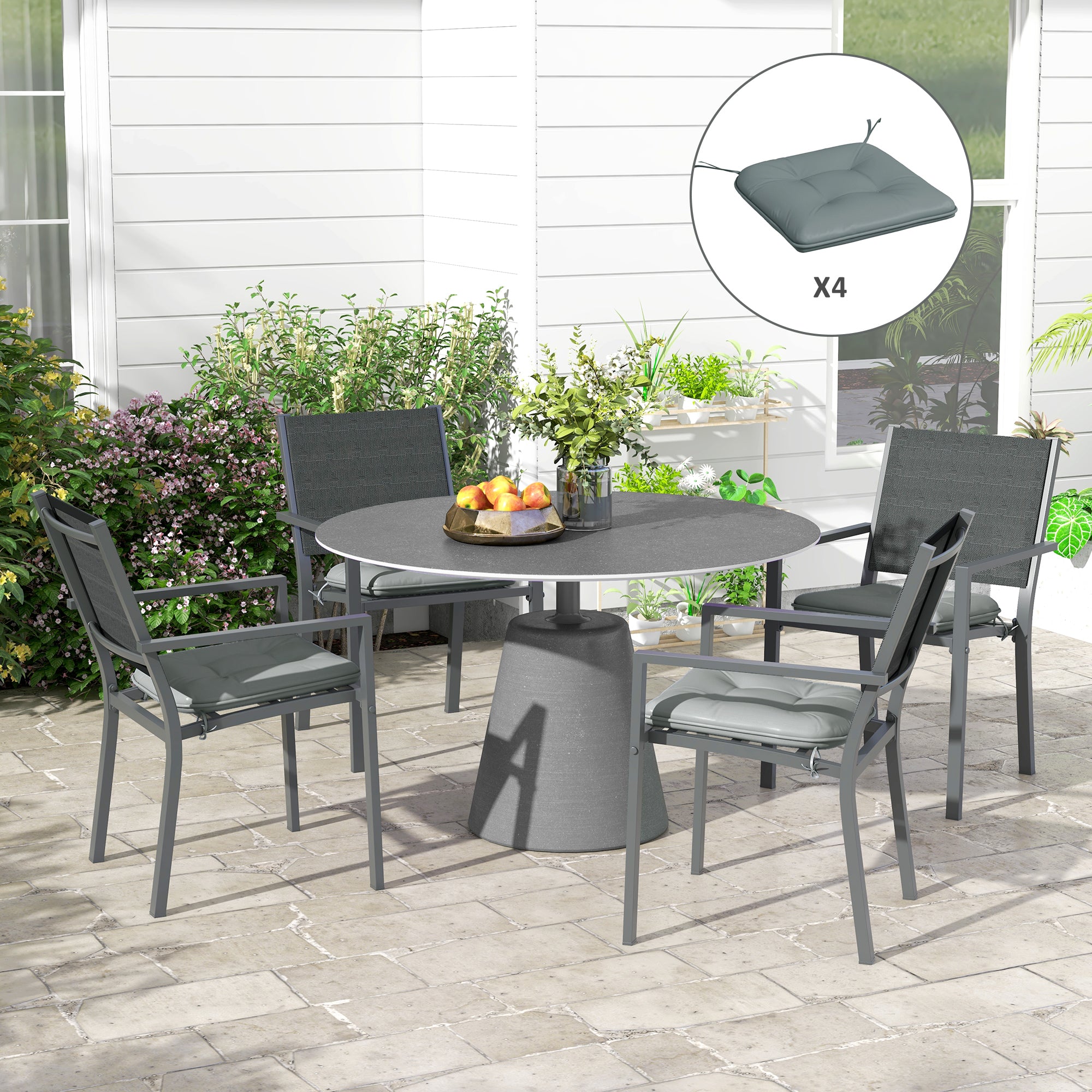 Set of 4 Padded Garden Chair Cushions Outdoor Chair Cushions Seat Padding 4 cm Polyester Fabric 43L x 41W cm Gray