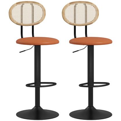 Set of 2 bar stools adjustable height bar chairs with rattan backrest and footrest, modern high stool, wood structure synthetic leather upholstery brown