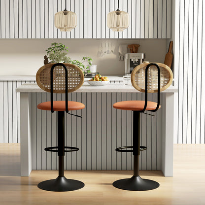 Set of 2 bar stools adjustable height bar chairs with rattan backrest and footrest, modern high stool, wood structure synthetic leather upholstery brown