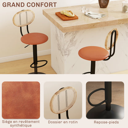 Set of 2 bar stools adjustable height bar chairs with rattan backrest and footrest, modern high stool, wood structure synthetic leather upholstery brown