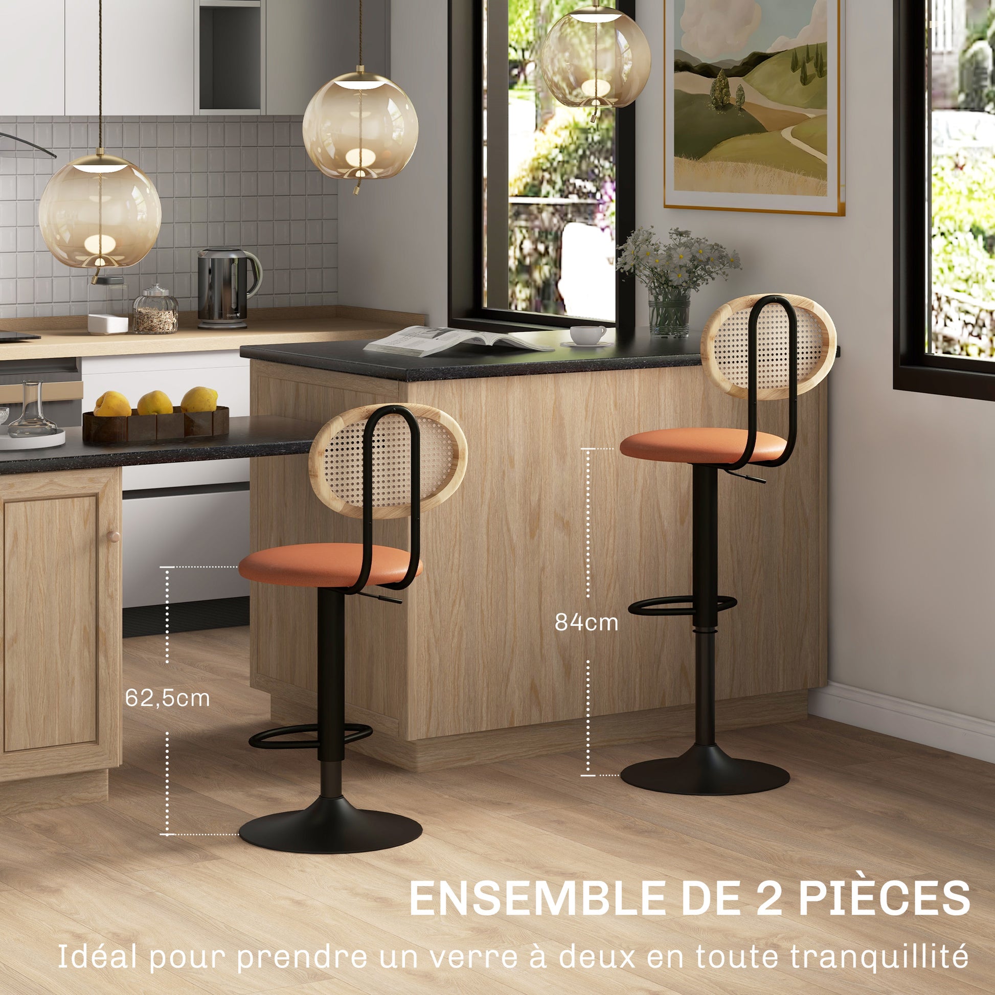 Set of 2 bar stools adjustable height bar chairs with rattan backrest and footrest, modern high stool, wood structure synthetic leather upholstery brown