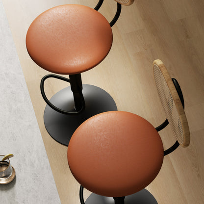 Set of 2 bar stools adjustable height bar chairs with rattan backrest and footrest, modern high stool, wood structure synthetic leather upholstery brown