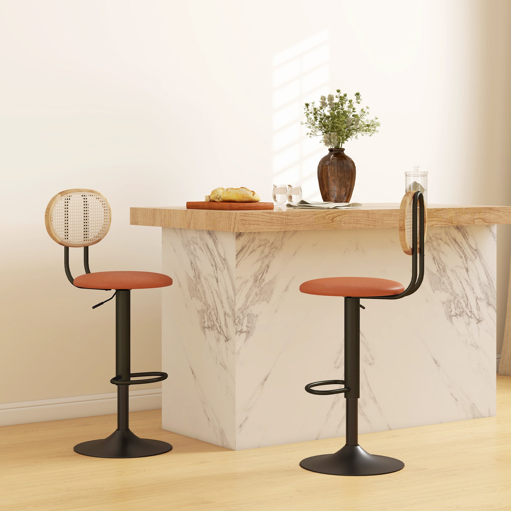 Set of 2 bar stools adjustable height bar chairs with rattan backrest and footrest, modern high stool, wood structure synthetic leather upholstery brown