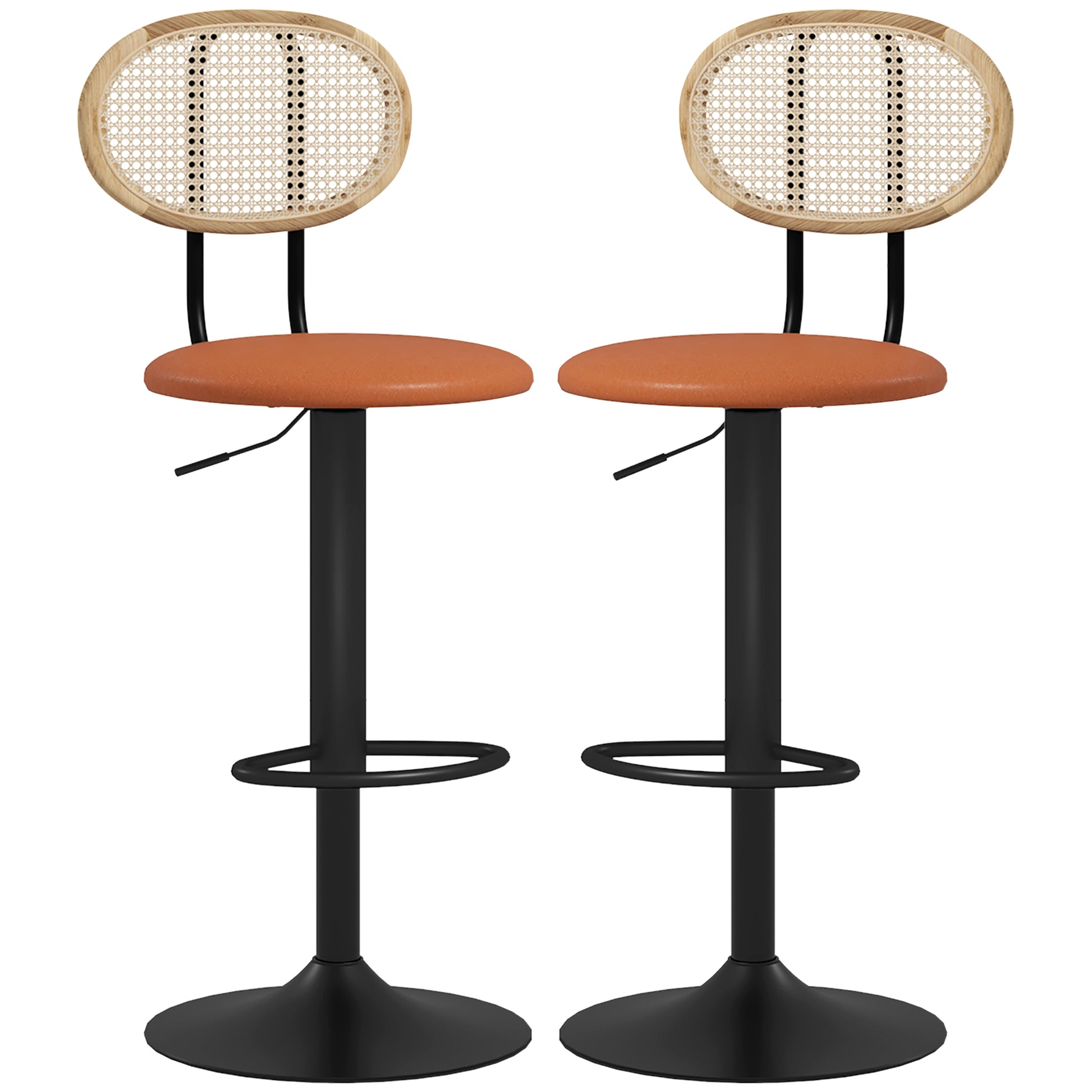 Set of 2 bar stools adjustable height bar chairs with rattan backrest and footrest, modern high stool, wood structure synthetic leather upholstery brown