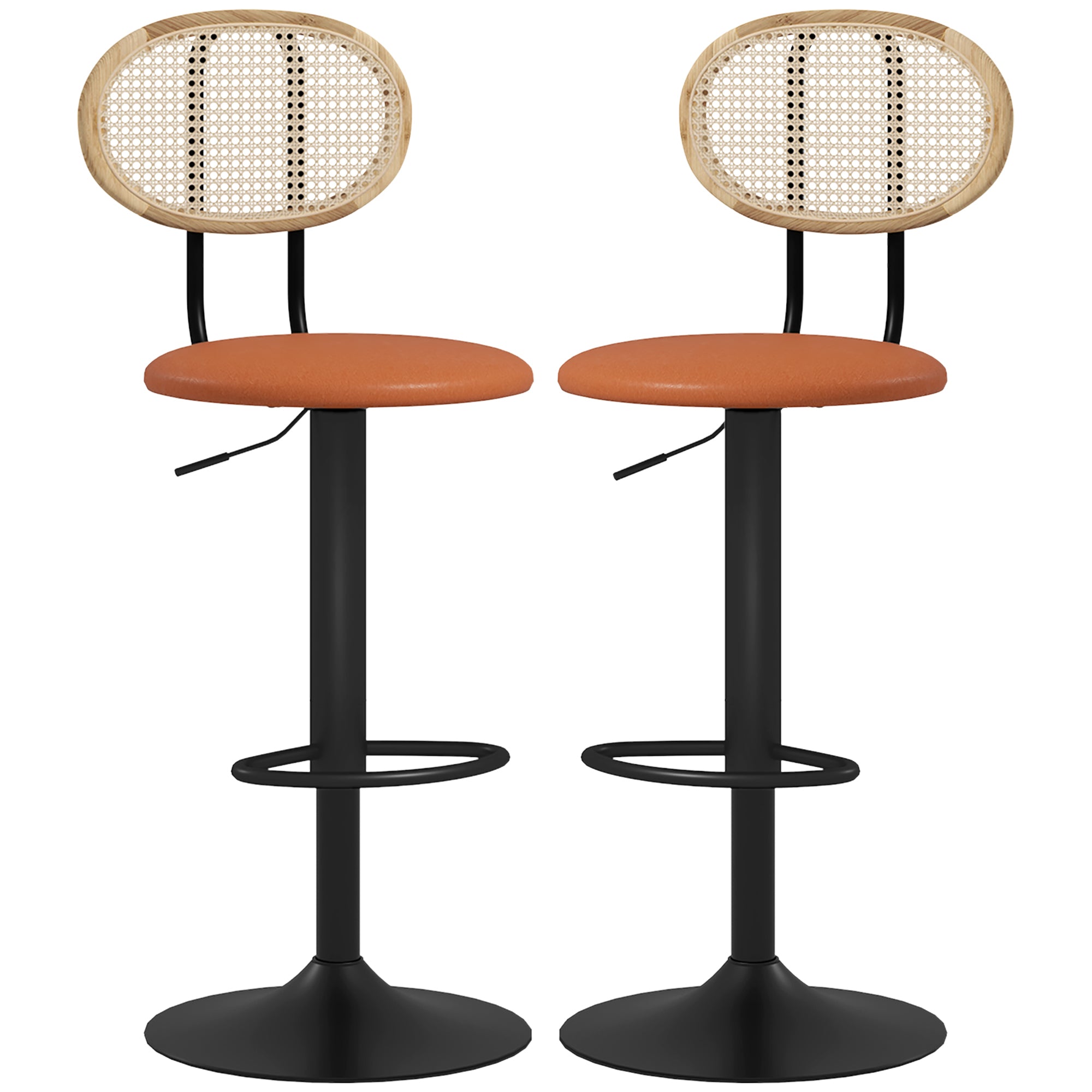 Set of 2 bar stools adjustable height bar chairs with rattan backrest and footrest, modern high stool, wood structure synthetic leather upholstery brown