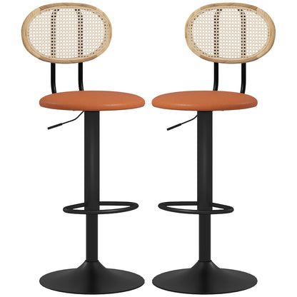 Set of 2 bar stools adjustable height bar chairs with rattan backrest and footrest, modern high stool, wood structure synthetic leather upholstery brown