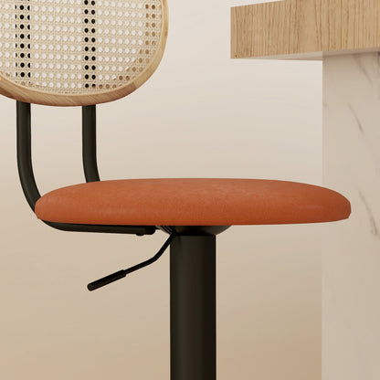 Set of 2 bar stools adjustable height bar chairs with rattan backrest and footrest, modern high stool, wood structure synthetic leather upholstery brown