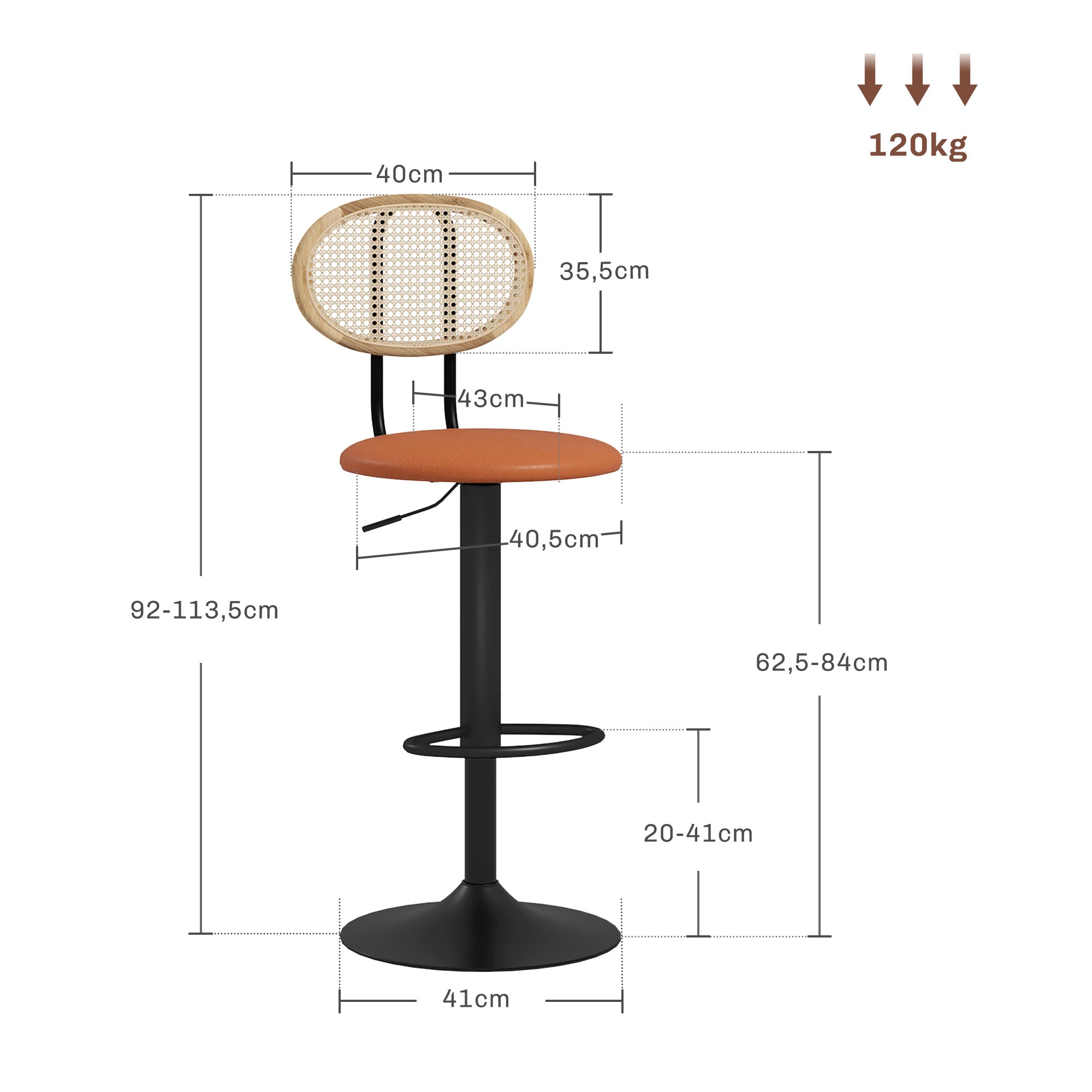 Set of 2 bar stools adjustable height bar chairs with rattan backrest and footrest, modern high stool, wood structure synthetic leather upholstery brown
