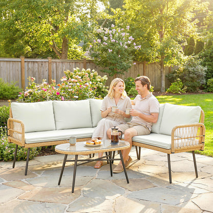 4-Piece PE Rattan Outdoor Lounge Set with Corner Sofa, Two Two-Seaters & Glass Coffee Table, Removable Cushion Covers, Seats up to 5, Cream White