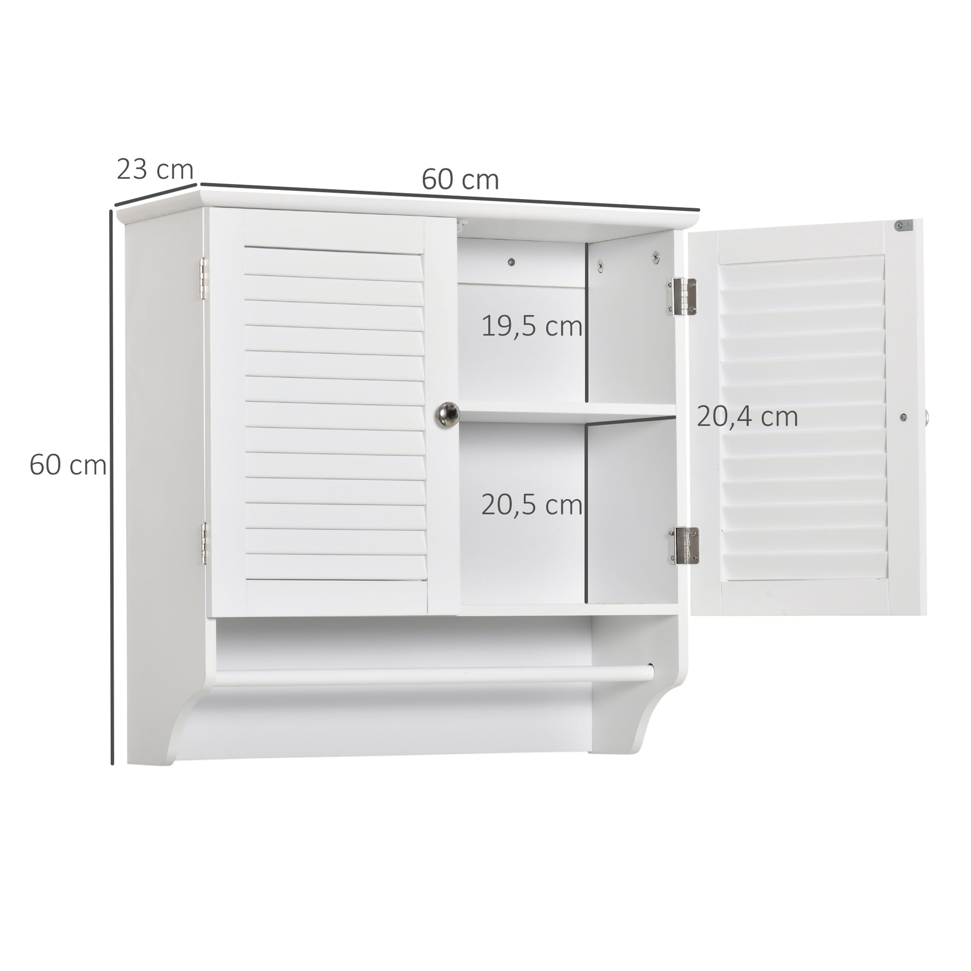 White Wall Bathroom Cabinet with 2 Shutter Doors, Interior Shelf, and Towel Bar Modern Suspended Auxiliary Furniture Multi-Purpose for Kitchen 60x23x60 cm