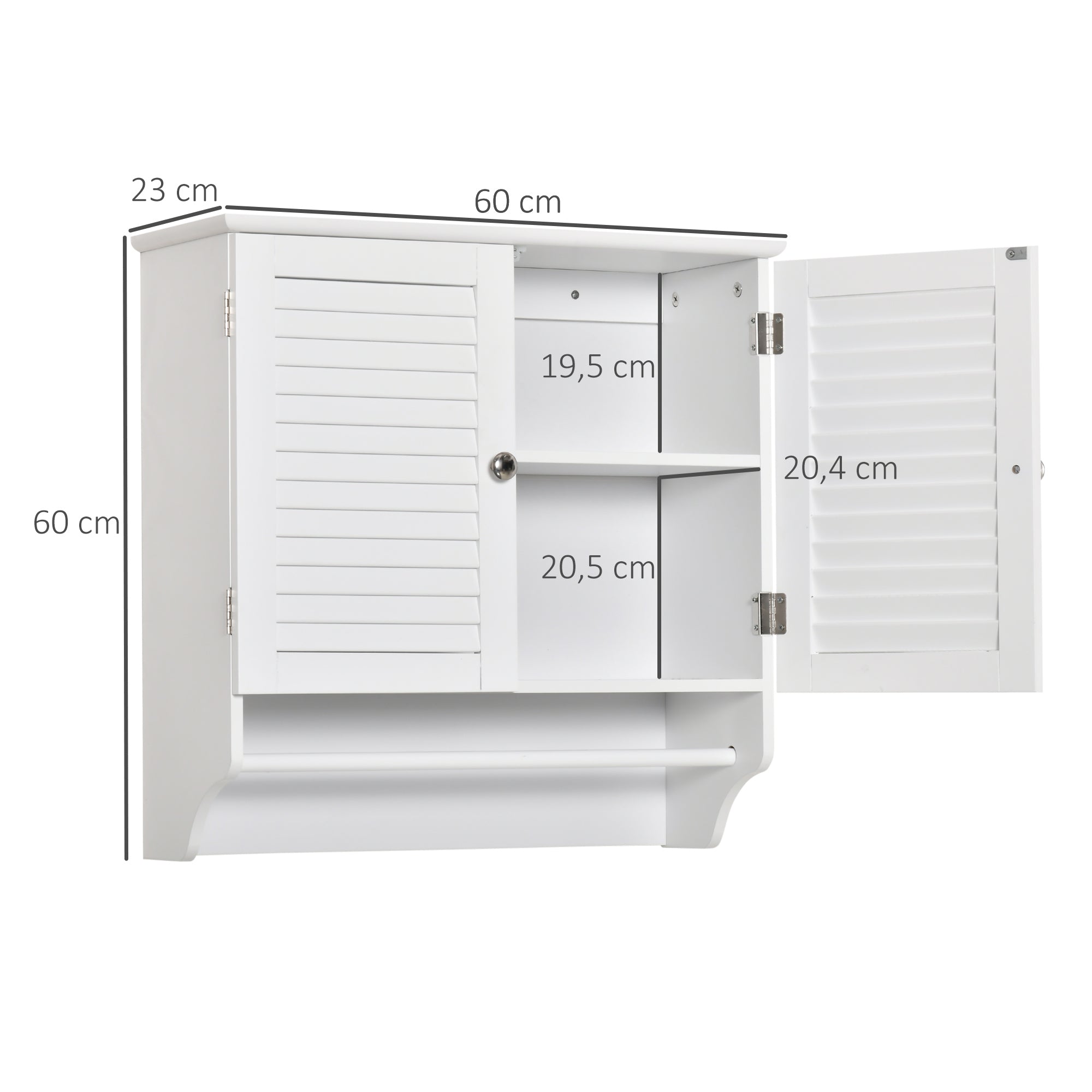 White Wall Bathroom Cabinet with 2 Shutter Doors, Interior Shelf, and Towel Bar Modern Suspended Auxiliary Furniture Multi-Purpose for Kitchen 60x23x60 cm