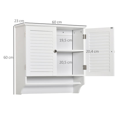 White Wall Bathroom Cabinet with 2 Shutter Doors, Interior Shelf, and Towel Bar Modern Suspended Auxiliary Furniture Multi-Purpose for Kitchen 60x23x60 cm