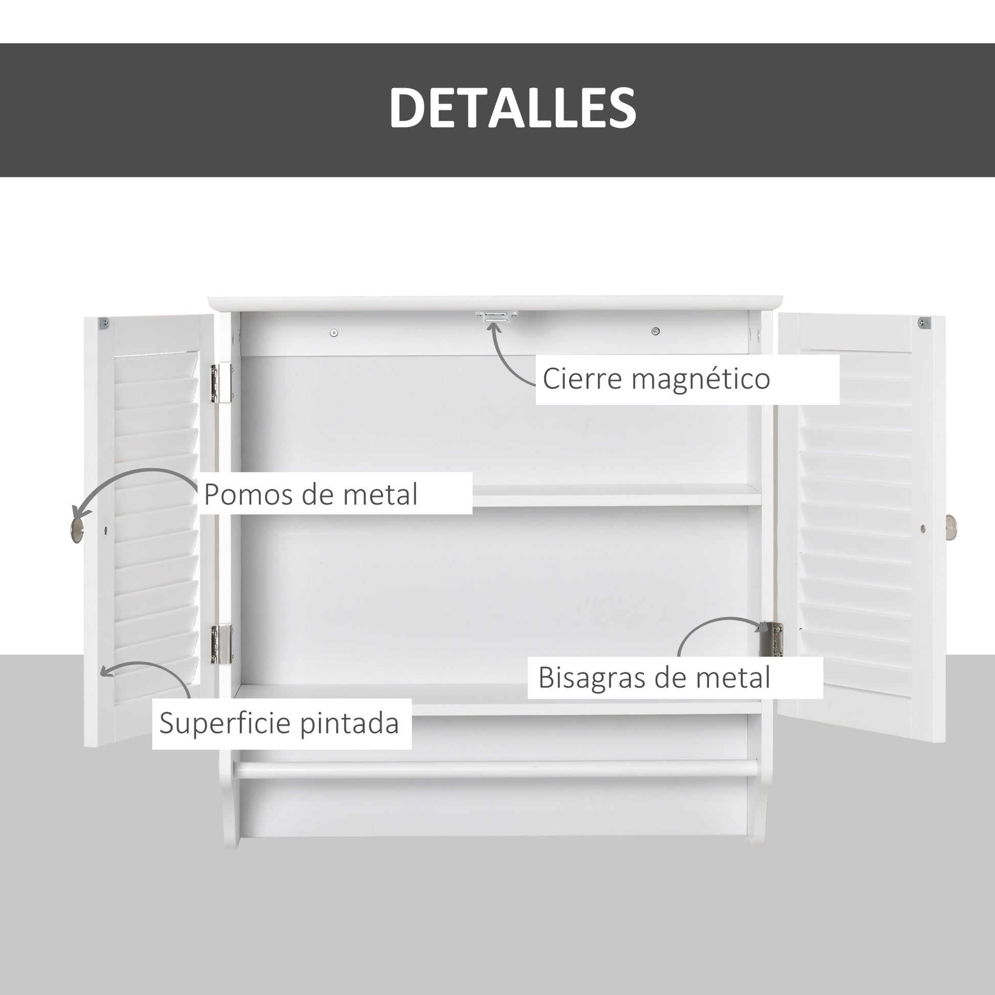 White Wall Bathroom Cabinet with 2 Shutter Doors, Interior Shelf, and Towel Bar Modern Suspended Auxiliary Furniture Multi-Purpose for Kitchen 60x23x60 cm