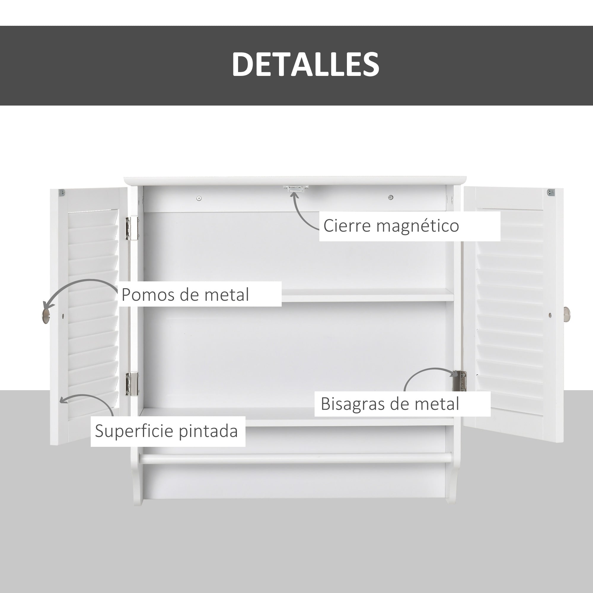 White Wall Bathroom Cabinet with 2 Shutter Doors, Interior Shelf, and Towel Bar Modern Suspended Auxiliary Furniture Multi-Purpose for Kitchen 60x23x60 cm