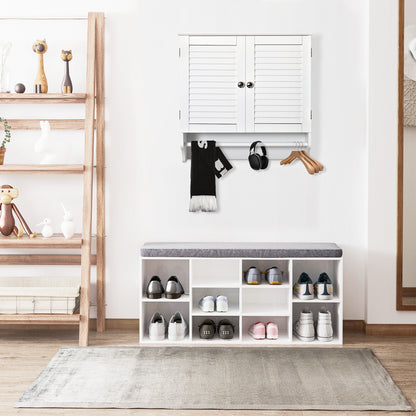 White Wall Bathroom Cabinet with 2 Shutter Doors, Interior Shelf, and Towel Bar Modern Suspended Auxiliary Furniture Multi-Purpose for Kitchen 60x23x60 cm