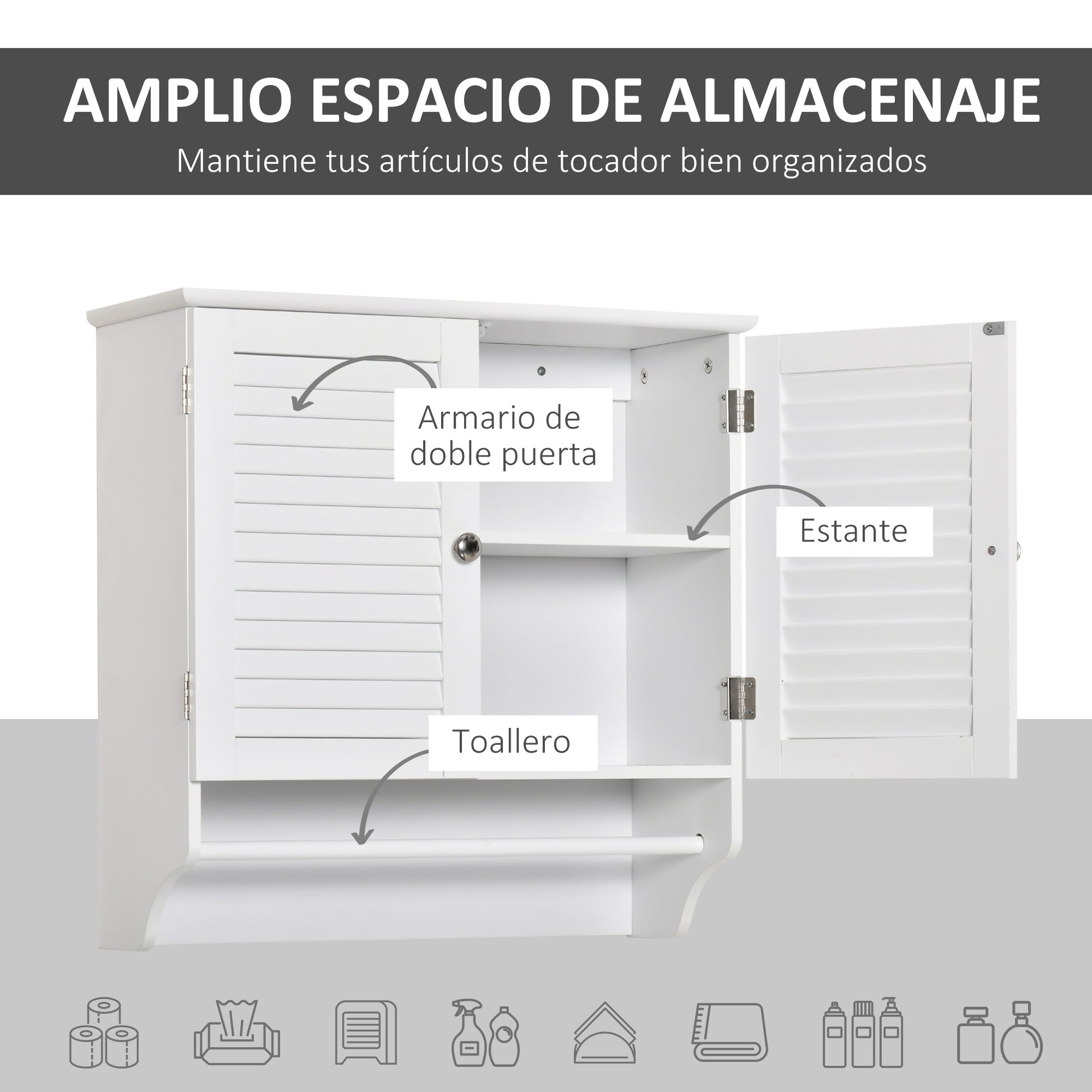White Wall Bathroom Cabinet with 2 Shutter Doors, Interior Shelf, and Towel Bar Modern Suspended Auxiliary Furniture Multi-Purpose for Kitchen 60x23x60 cm