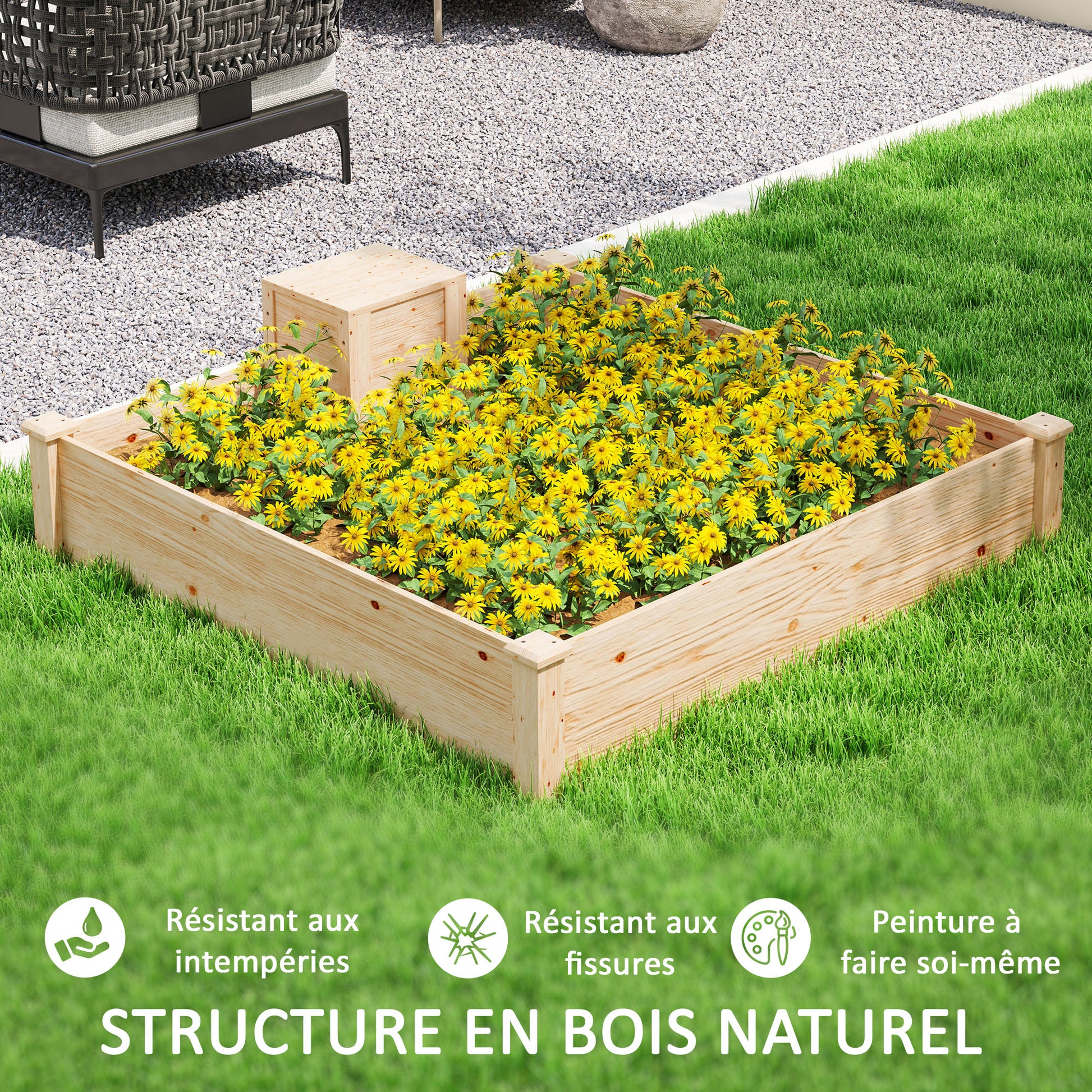 Wooden Planter, outdoor square wooden raised garden bed with compost bin, open bottom design, flower bed for vegetables and flowers in garden terrace patio, 123 x 123 x 25.5 cm, natural wood