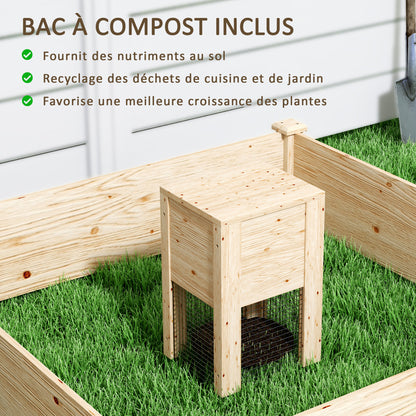 Wooden Planter, outdoor square wooden raised garden bed with compost bin, open bottom design, flower bed for vegetables and flowers in garden terrace patio, 123 x 123 x 25.5 cm, natural wood
