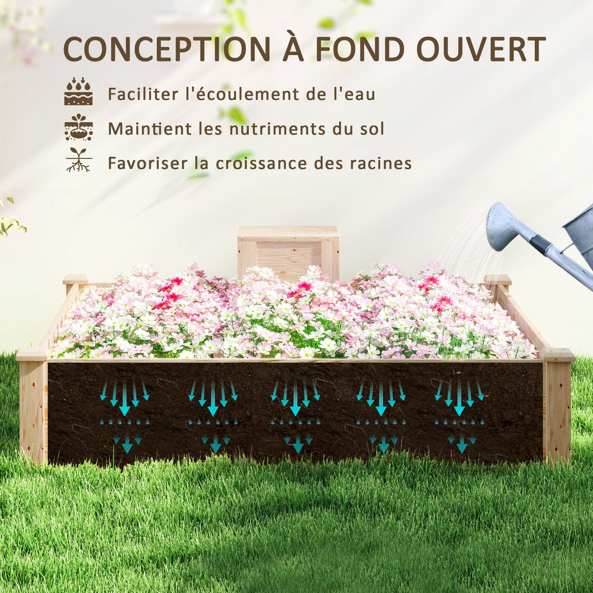 Wooden Planter, outdoor square wooden raised garden bed with compost bin, open bottom design, flower bed for vegetables and flowers in garden terrace patio, 123 x 123 x 25.5 cm, natural wood