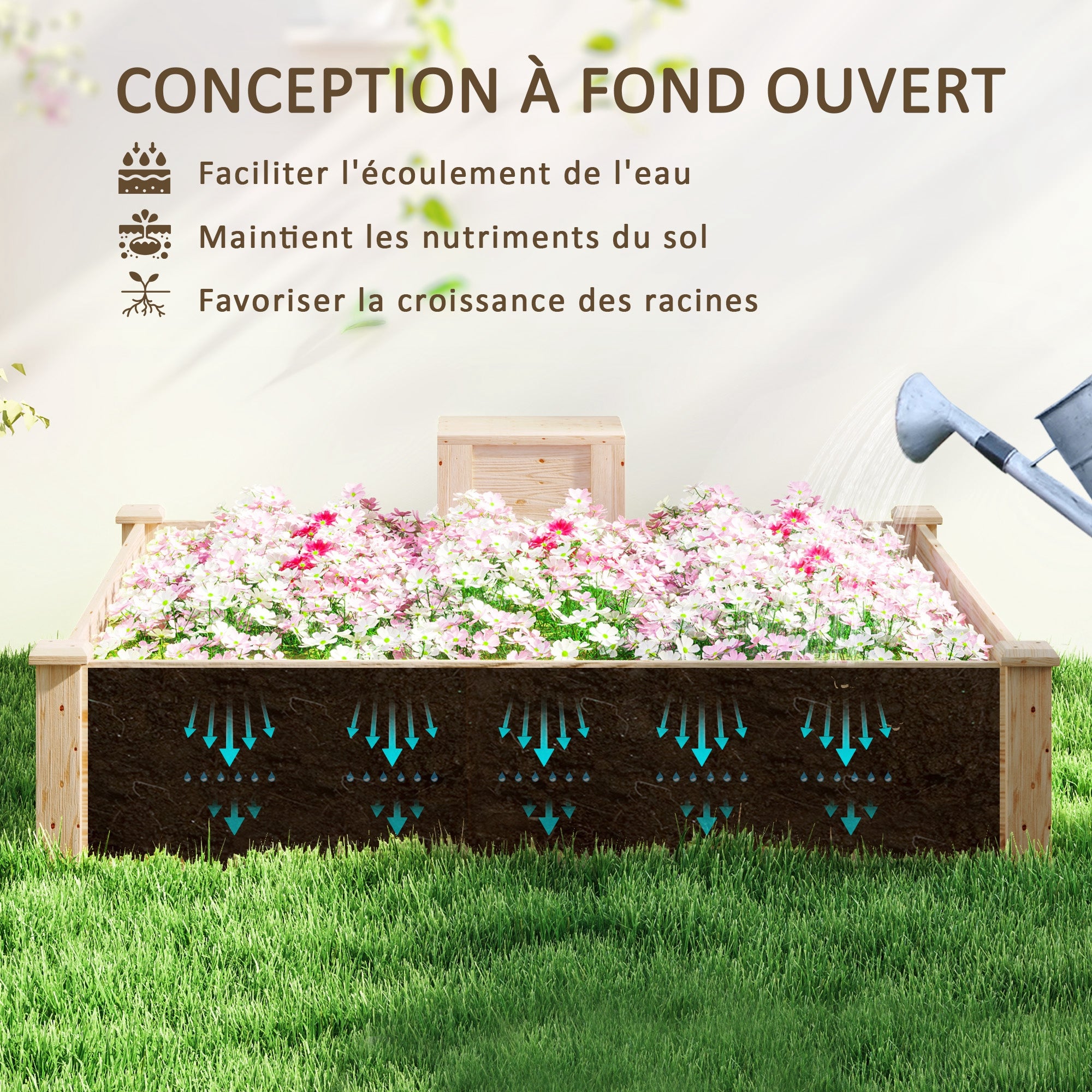 Wooden Planter, outdoor square wooden raised garden bed with compost bin, open bottom design, flower bed for vegetables and flowers in garden terrace patio, 123 x 123 x 25.5 cm, natural wood