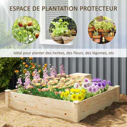 Wooden Planter, outdoor square wooden raised garden bed with compost bin, open bottom design, flower bed for vegetables and flowers in garden terrace patio, 123 x 123 x 25.5 cm, natural wood