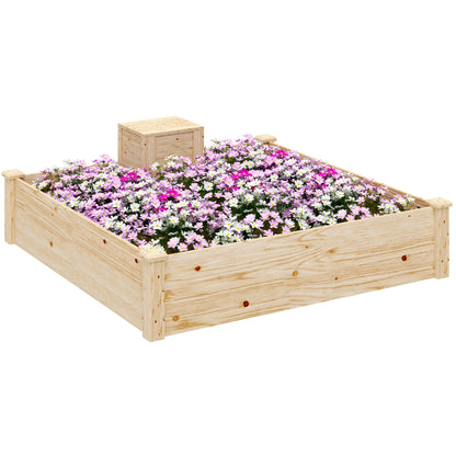 Wooden Planter, outdoor square wooden raised garden bed with compost bin, open bottom design, flower bed for vegetables and flowers in garden terrace patio, 123 x 123 x 25.5 cm, natural wood