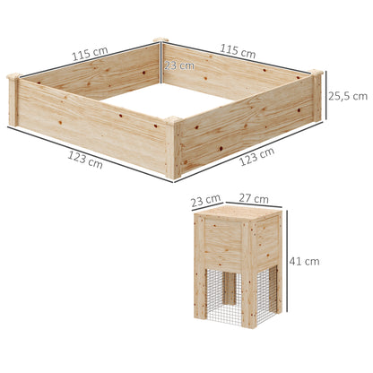 Wooden Planter, outdoor square wooden raised garden bed with compost bin, open bottom design, flower bed for vegetables and flowers in garden terrace patio, 123 x 123 x 25.5 cm, natural wood
