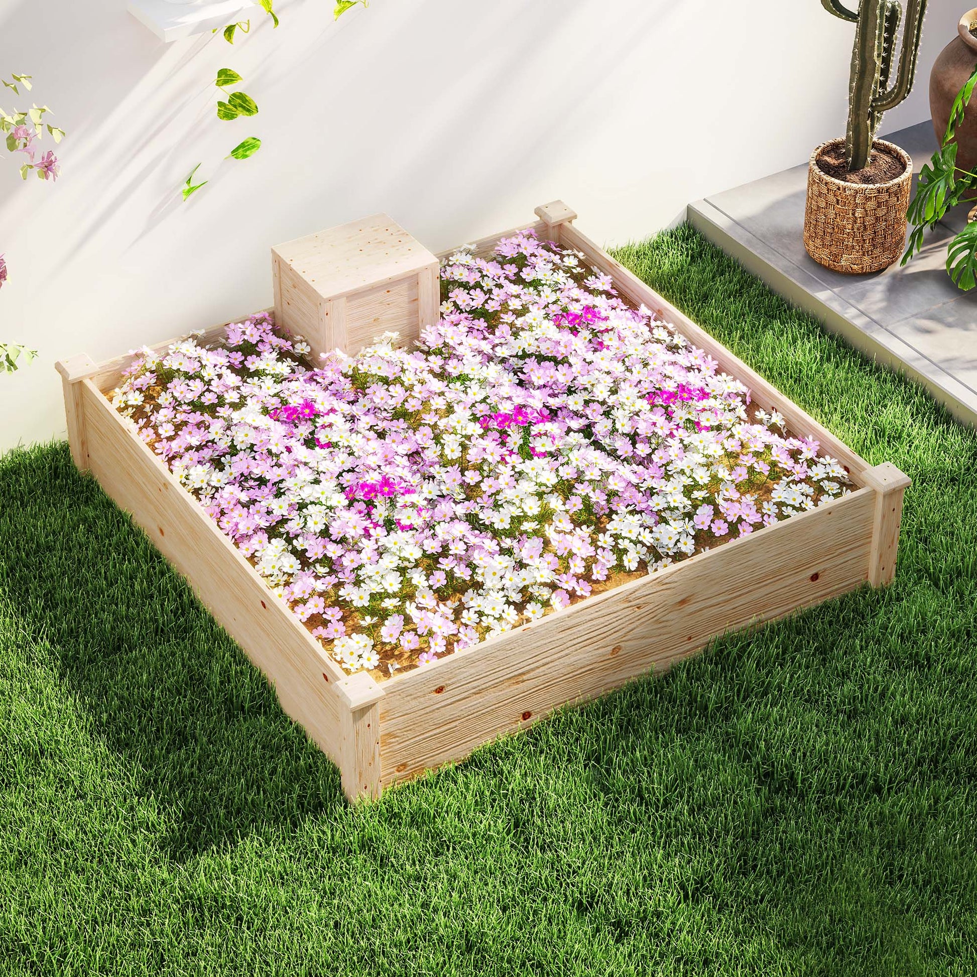 Wooden Planter, outdoor square wooden raised garden bed with compost bin, open bottom design, flower bed for vegetables and flowers in garden terrace patio, 123 x 123 x 25.5 cm, natural wood