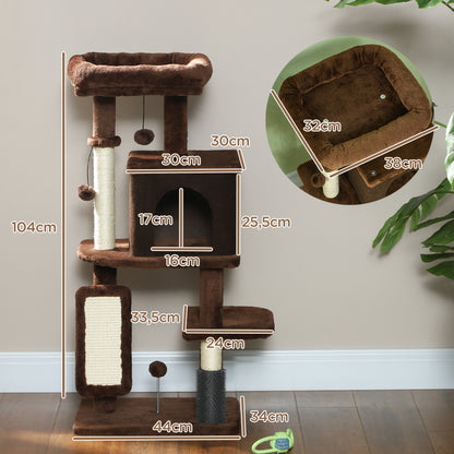 Cat Scratching Tree Height 104 cm Cat Tree Cat Tower with Platforms Scratching Post with Brush Hanging Balls and Scratching Pad Brown